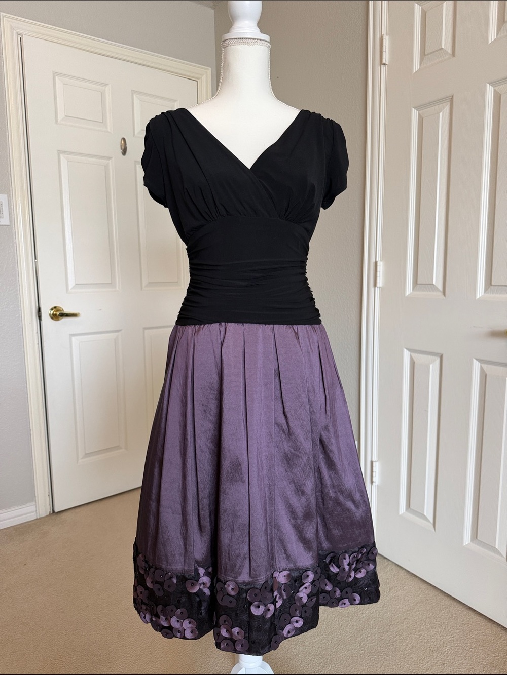 Black & Purple Fit-and-Flare Skirted Dress - Flattering!
